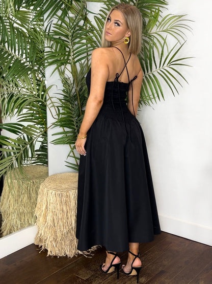 Shirring bodice detail midi dress with tie straps