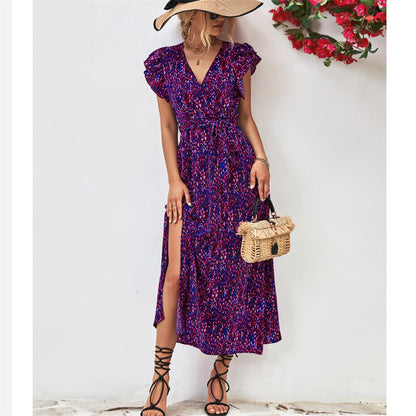 Stylish V-Neck Split Print Maxi Dress Available in Colors