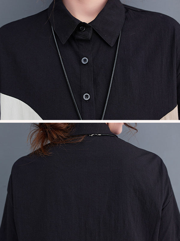 Loose Oversize Color-Block Contrast Color Split-Joint Lapel Midi Dresses Shirt Dress