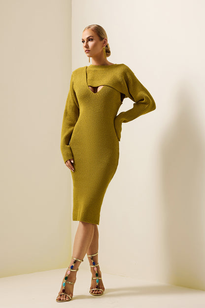 Solid Knit Knotted Long Sleeve Midi Dress