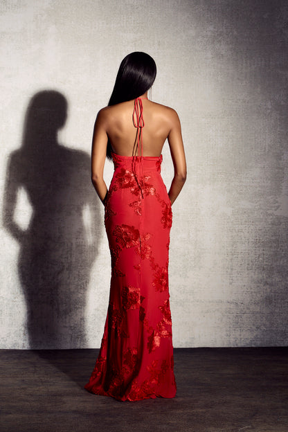 Trista 3D Floral Halter Neck Maxi Dress