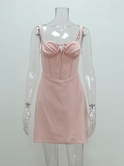 Summer Dress Mini Dresses Pink Straps Neck Lace Up Polyester Beach Dress