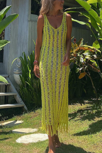 Sun Kissed Dreams Hollow Out Tassel Knit Beach Midi Dress