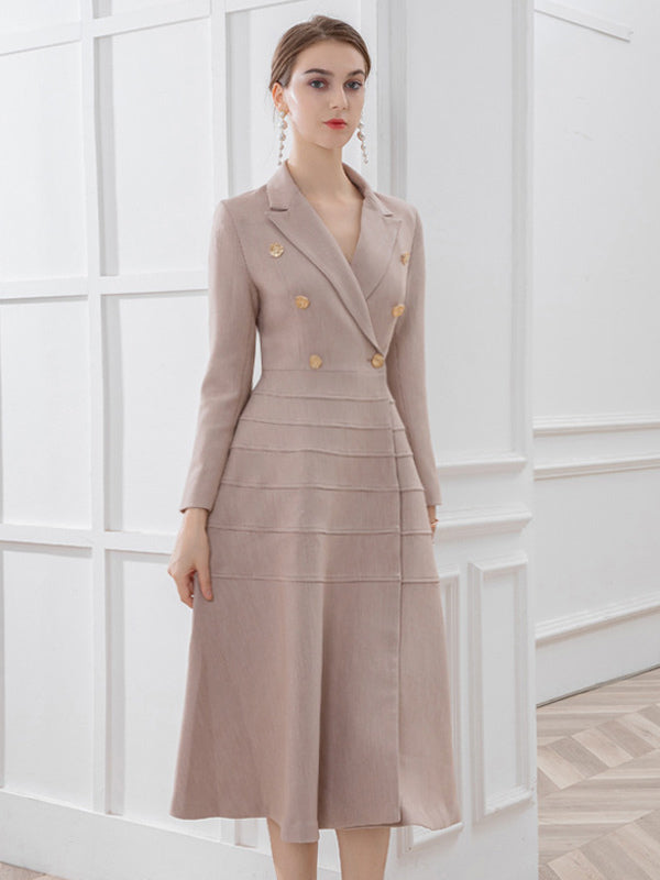 Blazer Dresses Turndown Collar Layered Buttons Long Sleeves Daily Casual Formal Women's Clothing Midi Dress