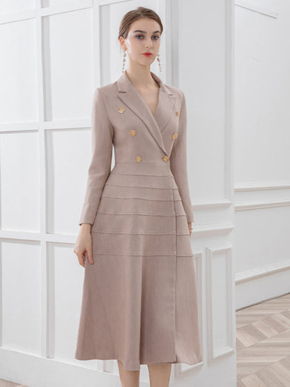 Blazer Dresses Turndown Collar Layered Buttons Long Sleeves Daily Casual Formal Women's Clothing Midi Dress