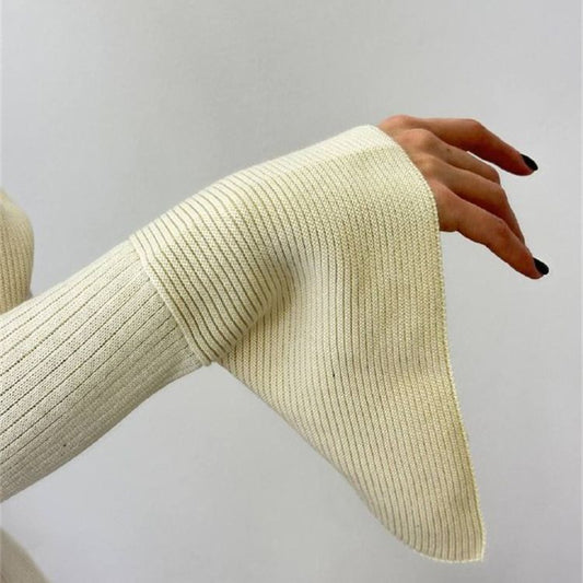 Bell Sleeve Skinny Sheath Woolen Autumn Winter Round Neck Knitted Mini Dress
