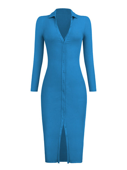 High Waisted Long Sleeves Buttoned Solid Color Lapel Midi Dresses