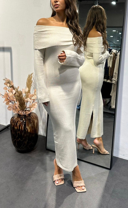 Off Shoulder Ribbed Foldover Collar Long Sleeve Bodycon Knit Maxi Dress
