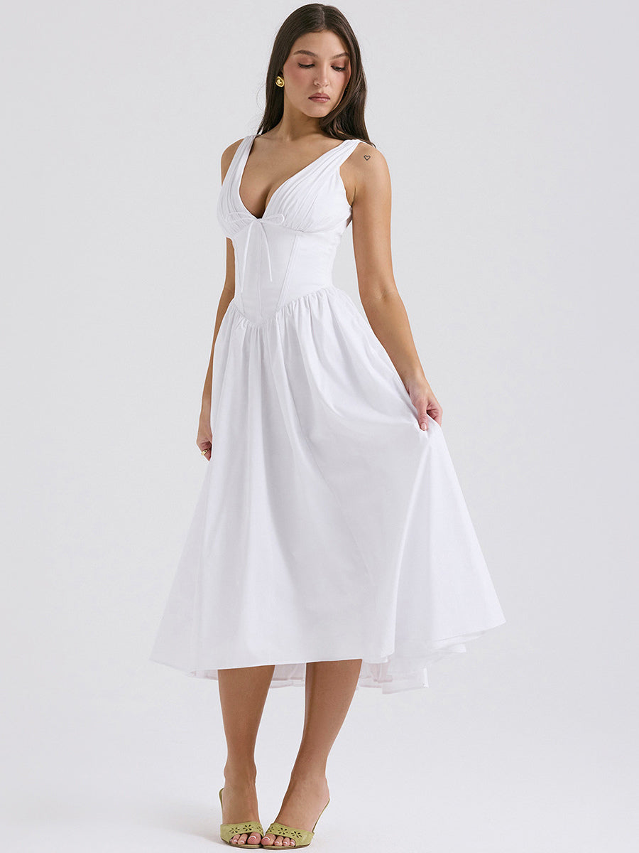 Sleeveless Dress Floral Pleated Knot Details Party Midi Dresses
