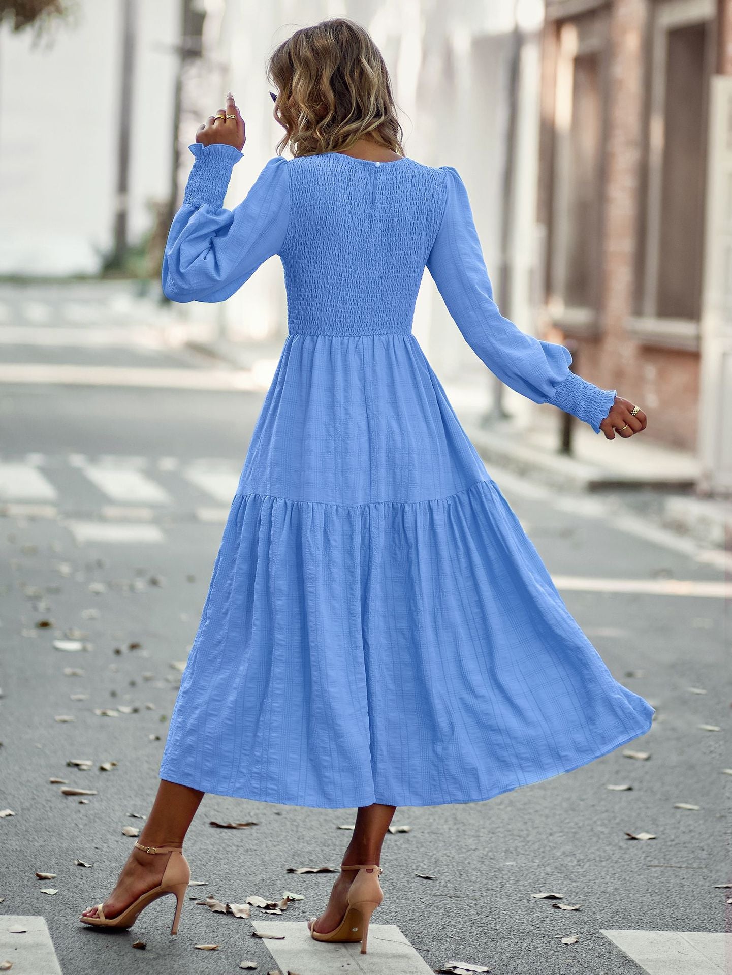 Pleated Midi Dress Lantern Sleeves Cuffs Layering Day Dresses