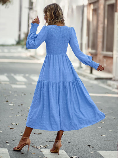 Pleated Midi Dress Lantern Sleeves Cuffs Layering Day Dresses