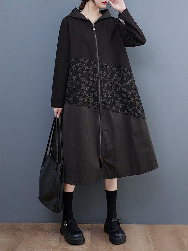 Casual Loose Long Sleeves Velvet Floral Printed Zipper Hooded Outerwear
