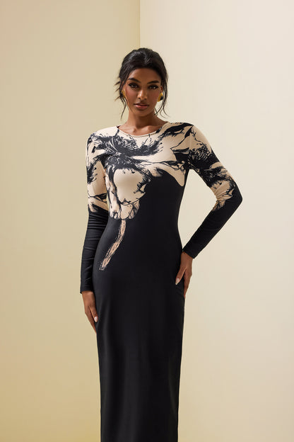 Floral Boat Neck Long Sleeve Midi Dress