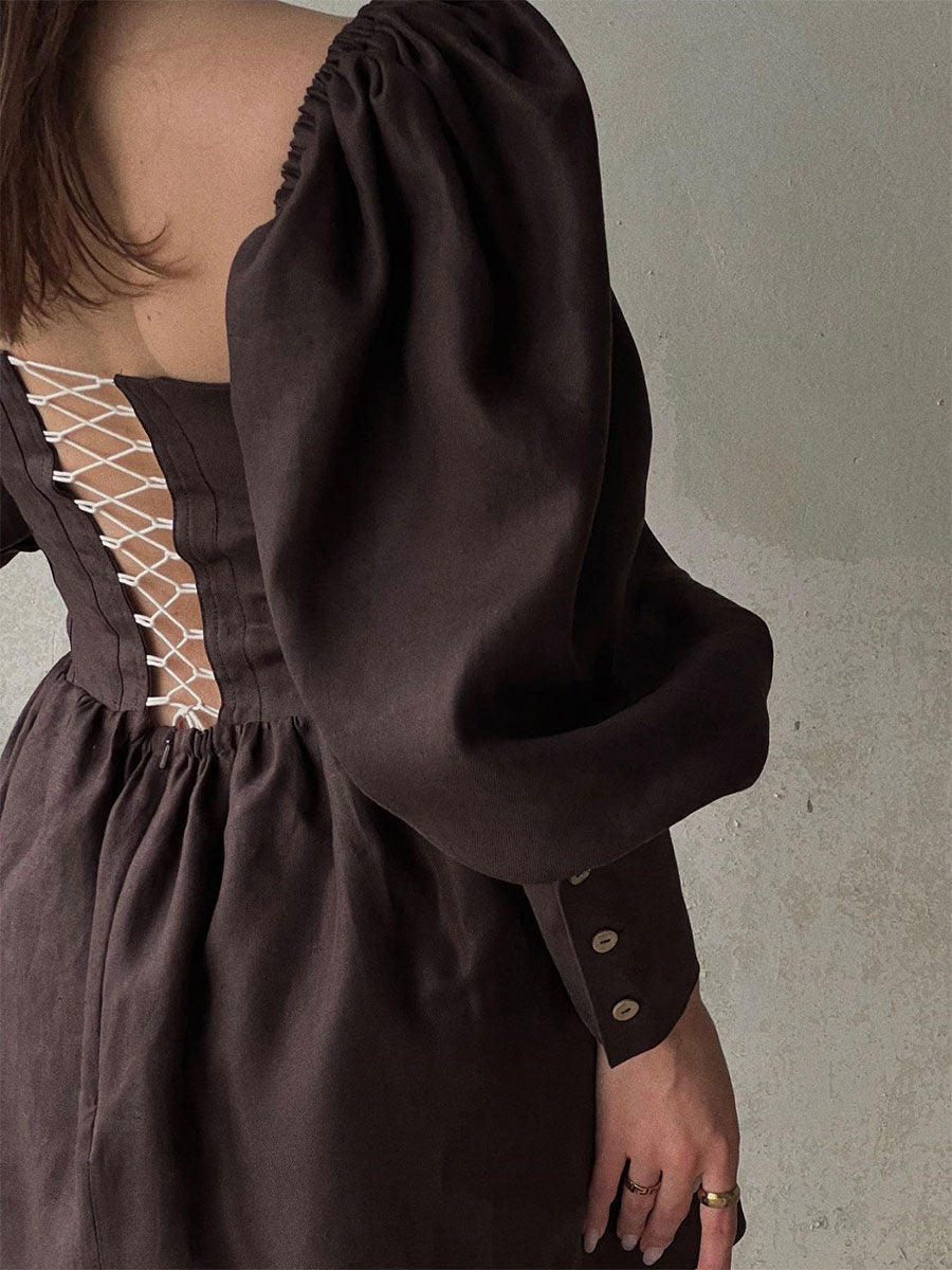Skater Dresses Polyester Sweetheart Neck Lace Chocolate Cowboy Long Sleeves Flared Dress Mini Dresses