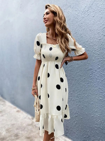 Polka Dot Square Neck Short Sleeves Midi Dress