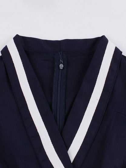 Vintage Dresses 1950s Audrey Hepburn Style Dark Navy Two Tone Belted Long Sleeve V Neck Midi Dress