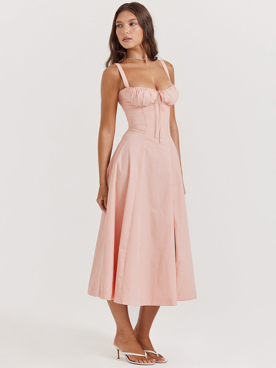 Summer Dress Sleeveless Straps Neck Chic Lace Up Midi Dress For Women