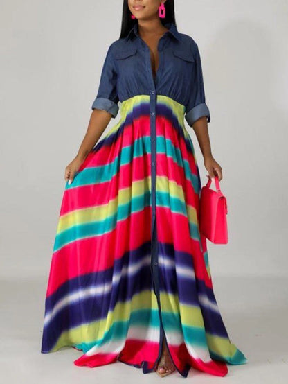 Long Sleeves Loose Buttoned Contrast Color Elasticity Printed Split-Joint Lapel Maxi Dresses