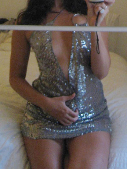 Ultra Sexy Culb Wear Deep V Asymmetrical Sequined Mini Dresses