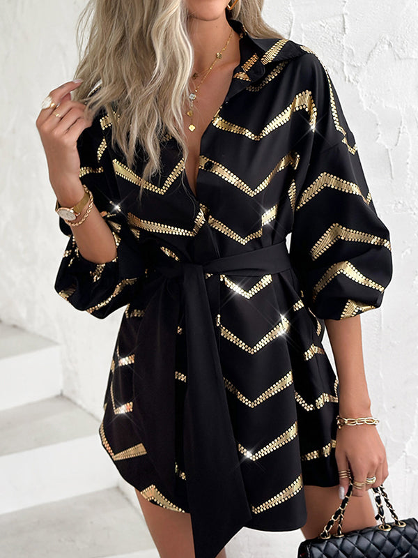 Long Sleeves Loose Buttoned Elasticity Striped Tied Waist Lapel Mini Dresses Shirt Dress