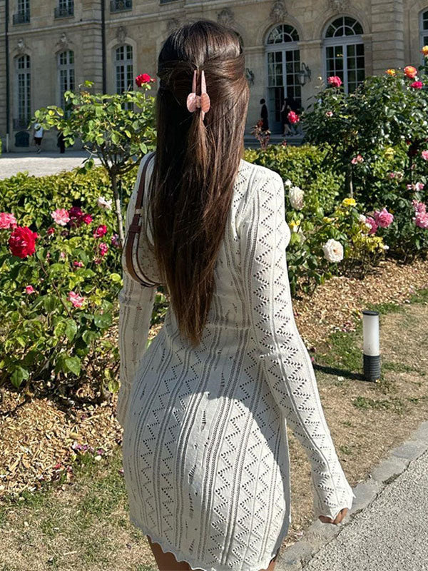 Knitted Dress High Collar Cut Out Long Sleeves Hollow Mini Dresses