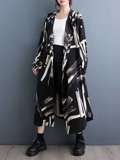 Long Sleeves Loose Buttoned Hooded Printed Midi Dresses Outerwear