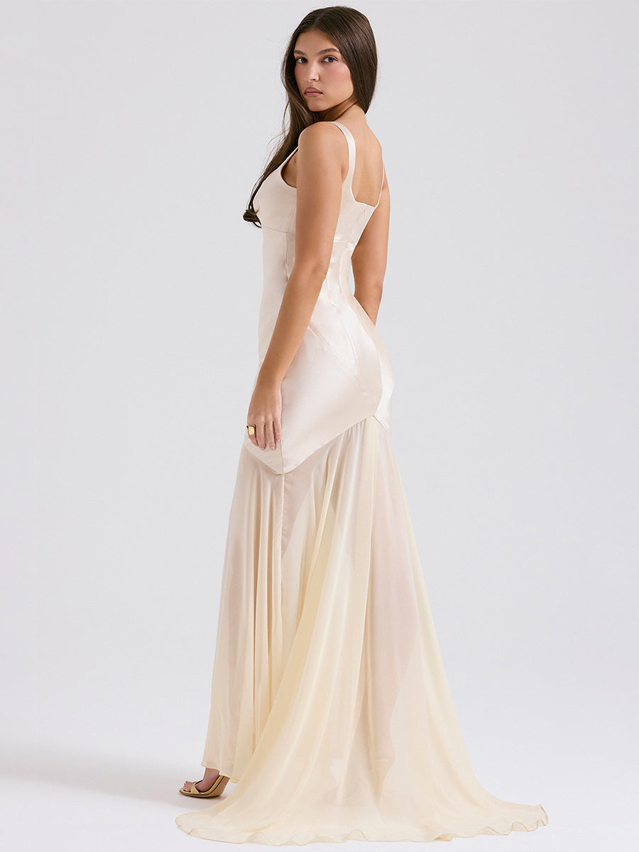 Light Sky Blue Dress Square Neck Backless Tulle Skirt Party Prom Maxi Dresses