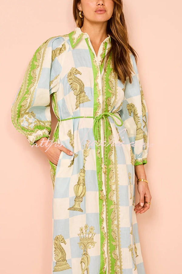 Unique Printed Long Sleeve Drawstring Pocket Shirt Midi Dress