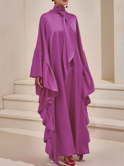 Batwing Sleeves Loose Hollow Pleated Solid Color Split-Joint High Neck Evening Dresses Maxi Dresses
