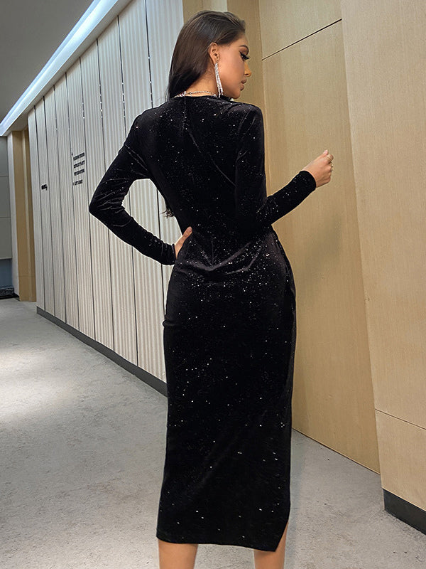 Velvet Dress Black V-Neck Long Sleeves Fall Sexy High-slit Medium Midi Dress