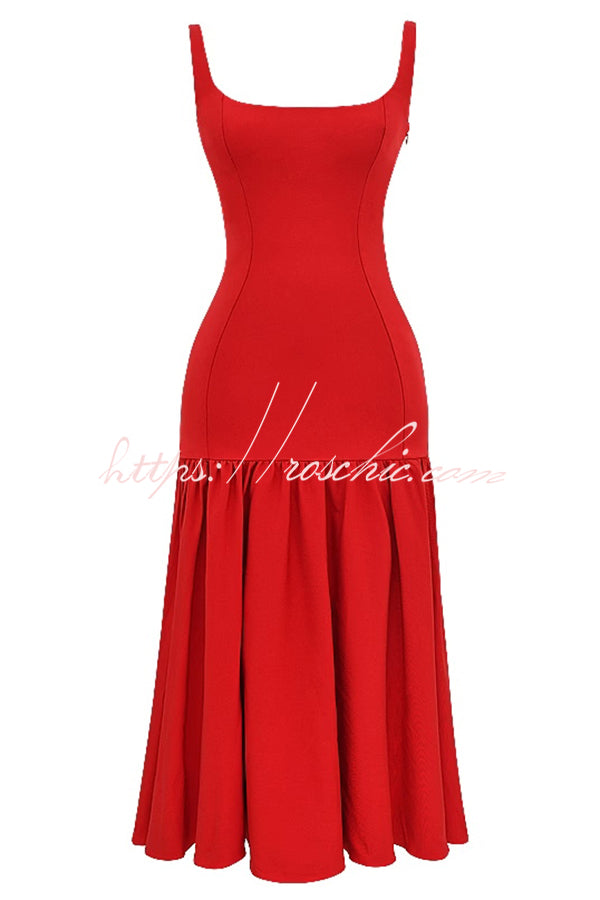 Graceful Silhouette Square Neck Wide Strap Drop Waist Midi Dress