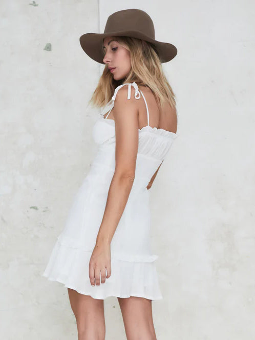 Little White Dress Tie Strap Buttons Front Backless Graduation Mini Dresses