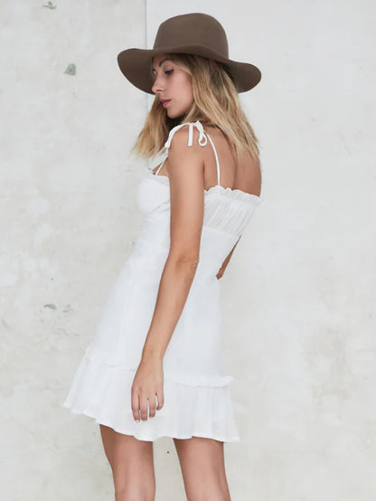 Little White Dress Tie Strap Buttons Front Backless Graduation Mini Dresses