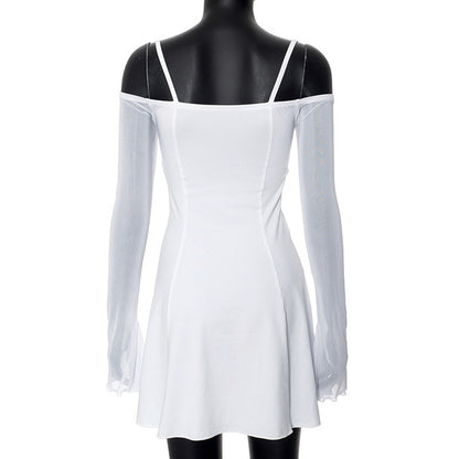 TRAUXY Mesh Ruffles Splicing Suspender Mini Dress For Women Off Shoulder Long Sleeve See Through Sexy Bodycon Dress Hot Summer