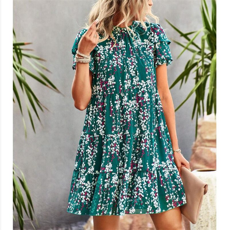 Bohemian Print Mini Dress with Round Neck for Women