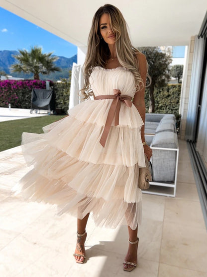 Tulle Ruffles Dress Off The Shoulder Layered Belted Party Maxi Dresses