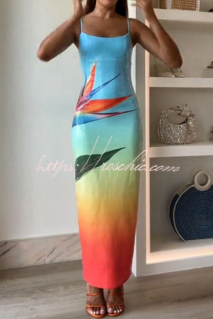 Dreamy Dreamy Sequin Unique Floral Gradient Print Slit Stretch Maxi Dress