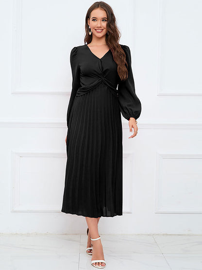 Midi Dress Pleated V-Neck Long Sleeves Casual Fall Dresses