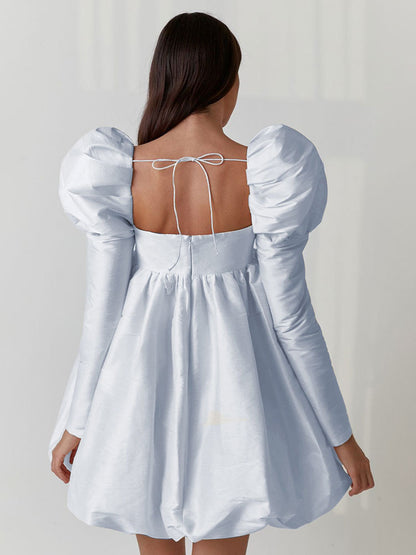 Birthday Mini Dresses Ecru White Long Sleeves Short Dress