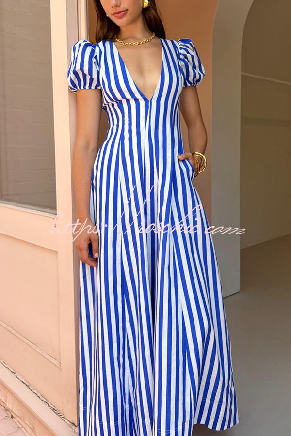 Indulge in Timeless Striped Print Puff Sleeve Pocketed Wavy Maxi Dress