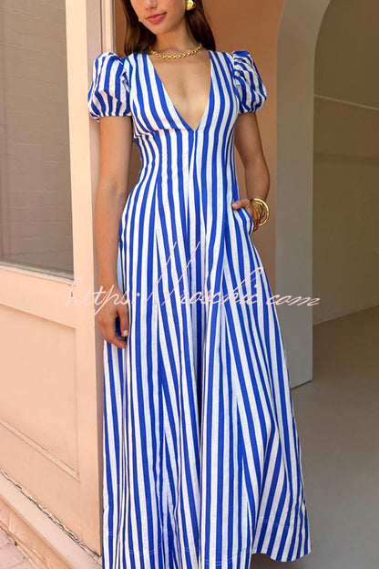 Indulge in Timeless Striped Print Puff Sleeve Pocketed Wavy Maxi Dress