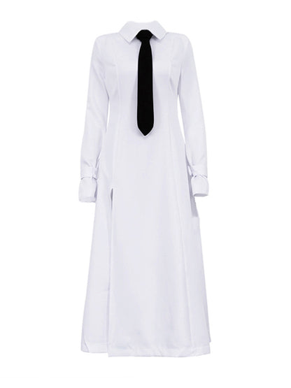 A-Line Flared Sleeves Buttoned Solid Color Split-Joint Split-Side Lapel Maxi Dresses Shirt Dress