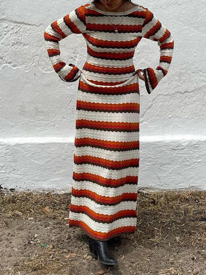 Long Sleeves Loose Backless Split-Joint Striped Round-Neck Maxi Dresses Sweater Dresses