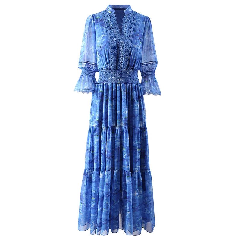 V-Neck Flare Sleeve Lace Floral Print Summer Dress