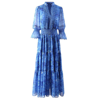 V-Neck Flare Sleeve Lace Floral Print Summer Dress