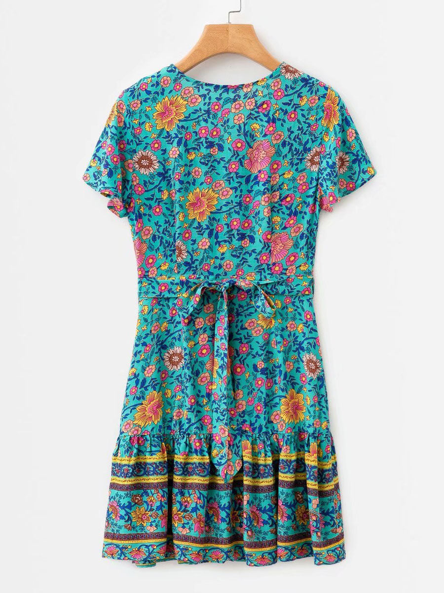 Floral Summer Dresses V Neck Short Sleeve Shaping Mini Dress