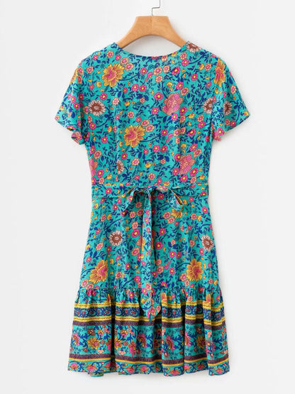 Floral Summer Dresses V Neck Short Sleeve Shaping Mini Dress