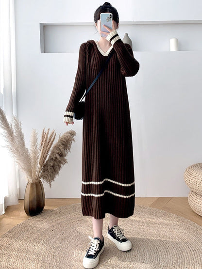 Urban Long Sleeves Loose Striped V-Neck Hooded Sweater Dresses