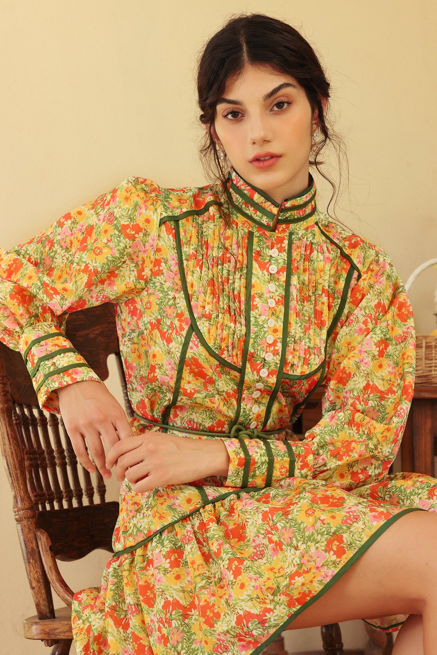 Floral Puff Long Sleeve High Collar Lace Up Ruffle Mini Dress
