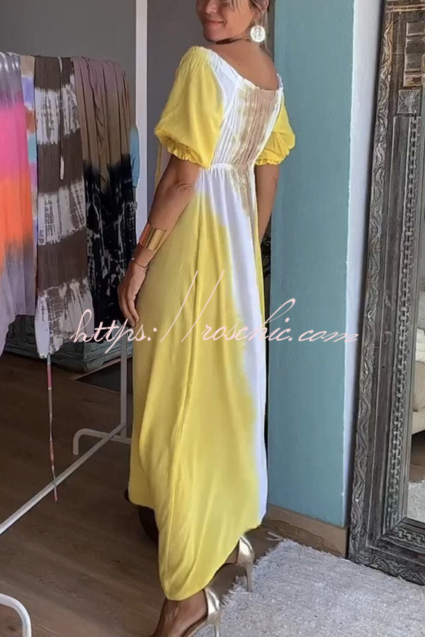 Jorga Tie Dye Print Drawstring Off Shoulder Puff Sleeve Midi Dress